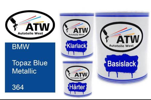 BMW, Topaz Blue Metallic, 364: 1L Lackdose + 1L Klarlack + 500ml Härter - Set, von ATW Autoteile West.